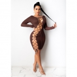 Brown Long Sleeve Hollow-out Bandage Mini Dress
