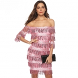 Pink Off-Shoulder Sequins Tassels Women Mini Dress