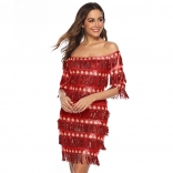 Red Off-Shoulder Sequins Tassels Women Mini Dress