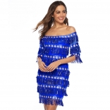 Blue Off-Shoulder Sequins Tassels Women Mini Dress