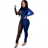 Blue Long Sleeve Mesh Bodycons Sexy Jumpsuit
