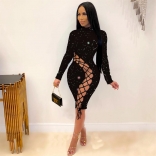 Black Long Sleeve Hollow-out Sexy Bandage Dress
