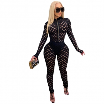 Black Long Sleeve Hollow-out Sexy Women Jumpsuit
