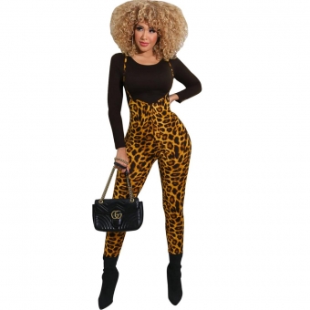 Leopard Long Sleeve 2PCS Halter Fashion Jumpsuit Sets