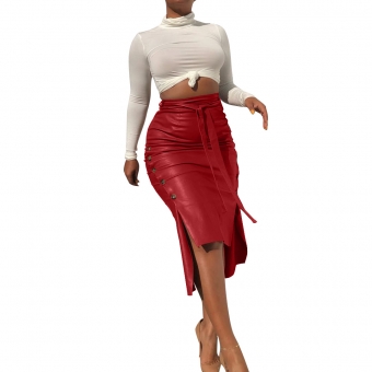 Red Women Fashion Sexy Midi Skirt