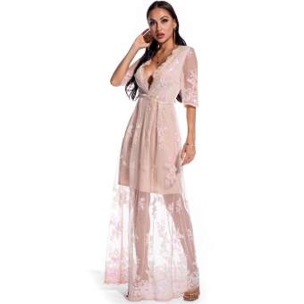 Pink Long Sleeve V-Neck Sequins Mesh Women Maxi Dress