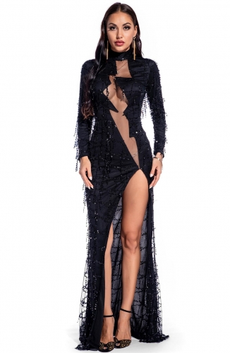 Black Black Long Sleeve Mesh Sequins Women Sexy Maxi Dress