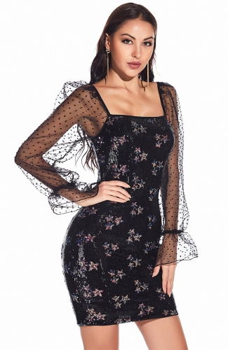Black Mesh Long Sleeve Sequins Sexy Mini Dress
