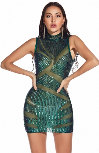 Green Sleeveless Mesh Sequins Bodycons Mini Dress