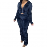 RoyalBlue Long Sleeve Zipper 2PCS Velvet Women Jumpsuit