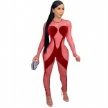 Red Long Sleeve Mesh Velvet Women Sexy Club Jumpsuit