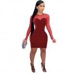 Red Long Sleeve Mesh Velvet Bodycons Sexy Dress