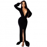 Black Long Sleeve Deep V-Neck Women Bodycon Maxi Dress