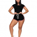 Black Short Sleeve O-Neck 2PCS Women Short Sets