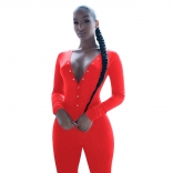 Red Long Sleeve Deep V-Neck Bust Button Sports Dress