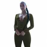 Green Long Sleeve Deep V-Neck Bust Button Sports Dress