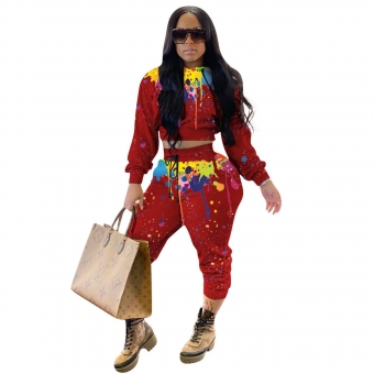 Red Long Sleeve Printed 2PCS Women Jumpsuit Sets