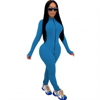 Blue Long Sleeve Zipper Bodycons Women Jumpsuit