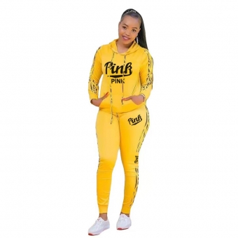Yellow Long Sleeve Hoody Printed PINK 2PCS Sports Dress