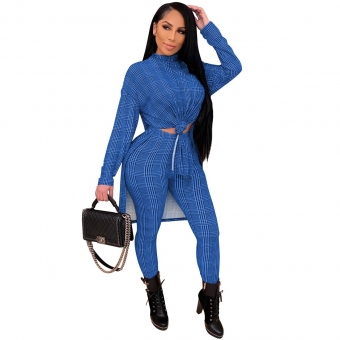 Blue Long Sleeve Fashion Hound-tooth Printed Women Catsuit Dress