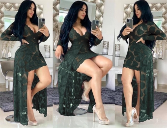 Green Long Sleeve Lace Hollow-out Jumpsuit Maxi Dress