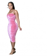 Pink Halter Low-Cut Velvet Bandage Sexy Mini Dress