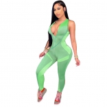 Green Sleeveless Halter Zipper V-Neck Bodycons Sexy Jumpsuit