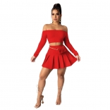 Red Off-Shoulder Long Sleeve 2PCS Sexy Pleated Skirt Sets