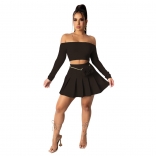 Black Off-Shoulder Long Sleeve 2PCS Sexy Pleated Skirt Sets