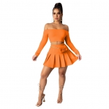 Orange Off-Shoulder Long Sleeve 2PCS Sexy Pleated Skirt Sets