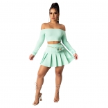 LightGreen Off-Shoulder Long Sleeve 2PCS Sexy Pleated Skirt Sets