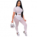 White Short Sleeve Hollow-out Sexy Bandage Jumpsuit