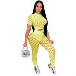 Yellow Short Sleeve Hollow-out Sexy Bandage Jumpsuit