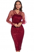 Red Mesh Long Sleeve V-Neck Sequins Sexy Midi Dress