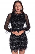 Black Long Sleeve O-Neck Sequins Tassels Sexy Mini Dress
