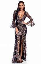 Black Long Sleeve Mesh Sequins Women Slited Maxi Evening Dress