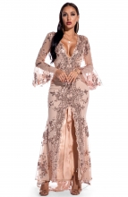 Golden Long Sleeve Mesh Sequins Women Slited Maxi Evening Dress