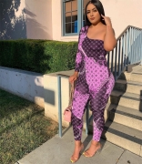 Purple One Sleeve Prnted Women Sexy Bodycons Jumpsuit