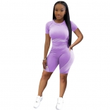 Purple Short Sleeve O-Neck 2PCS Women Sports Jumpsuit