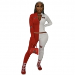 Red Long Sleeve Zipper V-Neck 2PCS Women Sports Dress