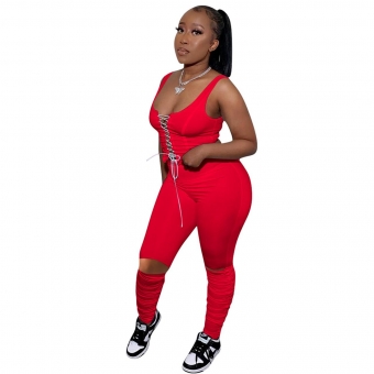 Red Halter V-Neck Lace-up Bandage Women Sexy Jumpsuit