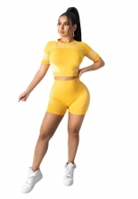 Yellow Short Sleeve O-Neck Women Short Sets