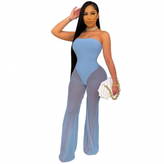 Blue Off-Shoulder Mesh Women Sexy Jumpsuit