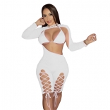 White Long Sleeve Hollow-out Sexy Bandage Romper