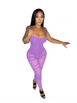 Purple Off-Shoulder Low-Cut V-Neck Mesh Sexy Women Jumpsuit