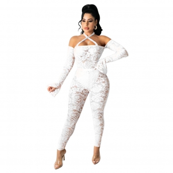 White Long Sleeve Off-Shoulder Lace Hollow-out Sexy Jumpsuit