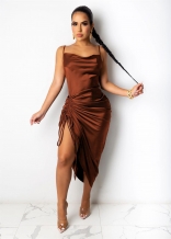 Brown Halter Low-Cut Women Backless Sexy Midi Dress