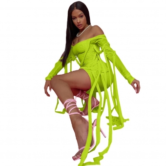 Green Long Sleeve Boat-Neck Bandage Women Mini Dress