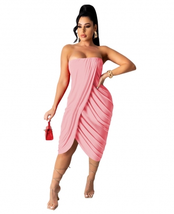 Pink Off-Shoulder Sleeveless Women Fashion Midi Dress
