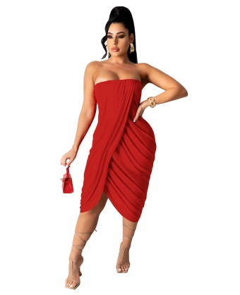 Red Off-Shoulder Sleeveless Women Fashion Midi Dress